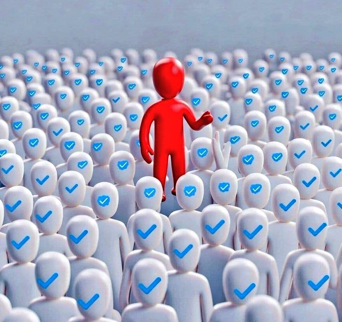 A red 3D figure stands out among a crowd of white figures, each marked with blue checkmarks, symbolizing individuality versus conformity.