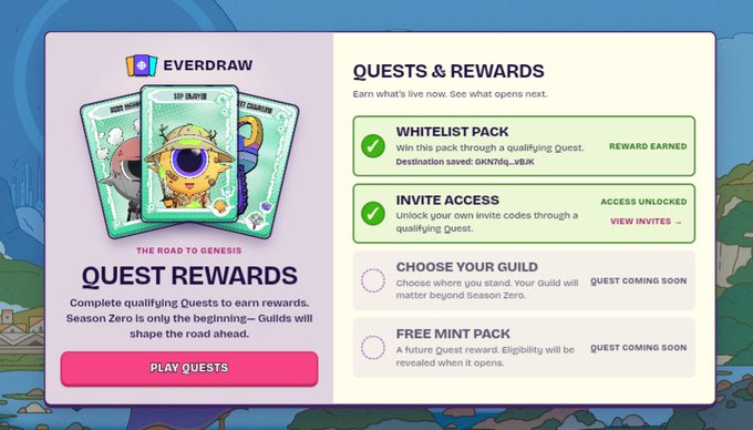 An EverDraw 'Quests & Rewards' promotional screen showing the 'Road to Genesis' with cards featuring 'ED SNIPER', 'ED DECIMATOR', and 'ED HUNTER', listing completed quests like 'Whitelist Pack' and 'Invite Access' alongside upcoming quests 'Choose Your Guild' and 'Free Mint Pack'.