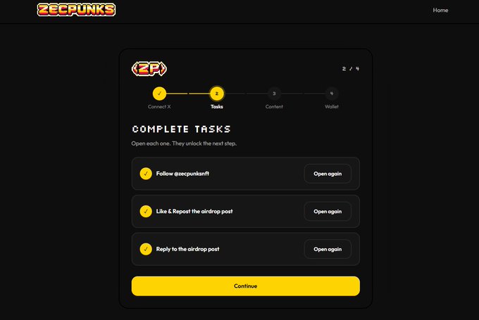 A dark-themed webpage for 'ZECPUNKS' showing a 'COMPLETE TASKS' section with steps like 'Follow @zecpunkoff', 'Like & Repost the airdrop post', and 'Reply to the airdrop post', each with an 'Open again' button.