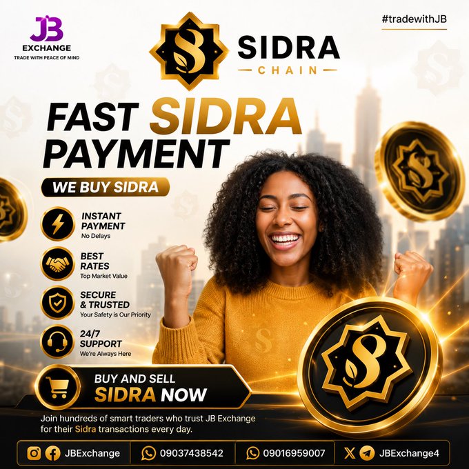 A promotional graphic for JB Exchange advertising their "Fast Sidra Payment" service, featuring a joyful woman in a yellow sweater celebrating alongside gold Sidra Chain coins, with key benefits listed (Instant Payment, Best Rates, Secure & Trusted, 24/7 Support) and contact details (09037438542, 09016959007, @JBExchange, JBExchange4). The image directly illustrates the post's message by visually representing the stress-free experience of converting Sidra cryptocurrency into cash through JB Exchange's reliable service.