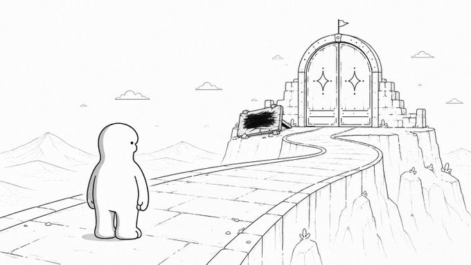 A small white cartoon character stands on a stone path leading toward a grand castle gate, with a signpost ahead bearing a scribbled-out, unreadable message—visually echoing the post's theme of pausing to discover a character's story and meaning before being sold on its promise.