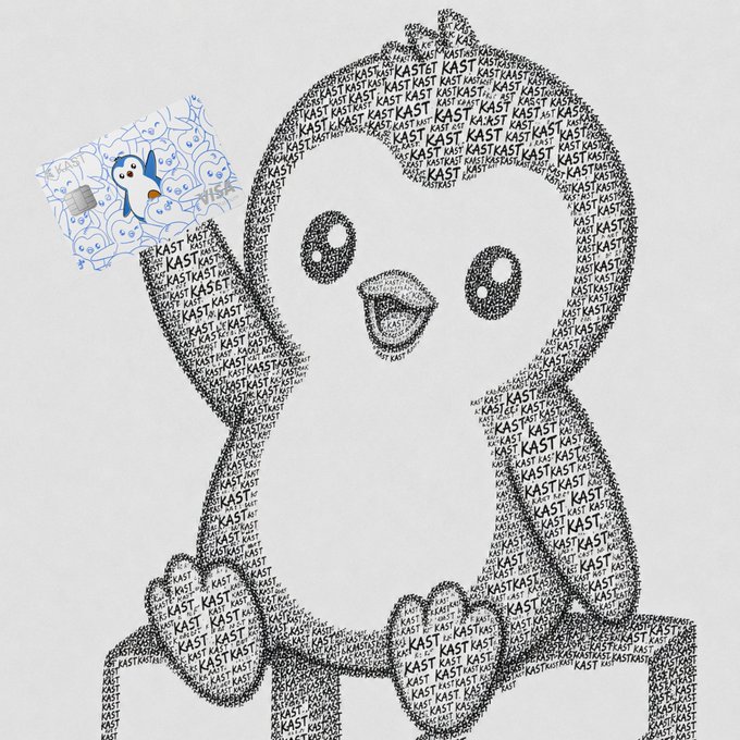A word-art drawing of a penguin character composed of repeated 'KAST' text, with a small blue penguin holding a card in the upper left corner.