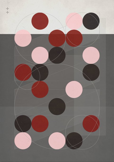 An abstract geometric artwork features overlapping circles in shades of red, pink, and black against a gray background with subtle grid lines.