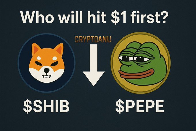 The image features a dark background with the text "Who will hit $1 first?" at the top, alongside logos for $SHIB (a Shiba Inu dog) and $PEPE (the Pepe the Frog meme), separated by a downward arrow and "CRYPTOANU" branding. It visually presents the competitive comparison between Shiba Inu ($SHIB) and Pepe ($PEPE) meme coins to see which will reach the $1 price milestone first, directly illustrating the caption's question.