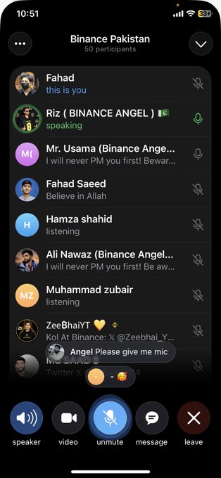 A screenshot of a Binance Pakistan voice chat room with 50 participants, showing users like Fahad (the user), 'Riz (Binance Angel)' speaking, Mr. Usama, Fahad Saeed, Hamza Shahid, Ali Nawaz, Muhammad Zubair, and ZeeBhaiYT with emoji reactions.