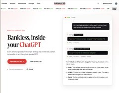 The image shows a landing page for "Bankless, inside your ChatGPT," featuring a chatbot interface on the right that demonstrates the Bankless MCP tool, which provides crypto-related prompts and access to nearly a decade of crypto data to enhance AI agents. The page emphasizes the tool's availability for premium subscribers.