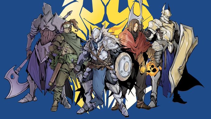 A group of five armored dark fantasy heroes—including armored knights, a spear-wielding warrior with a shield, and a mage with a staff—stand together against a blue background with a yellow emblem, representing the Kronos universe characters featured in the DungeonSaga NFT collection.

The post emphasizes how each NFT is designed to exist within the Kronos dark fantasy universe, and the artwork directly illustrates this by showcasing the diverse, lore-driven character designs that collectors can own as part of the expanding world.