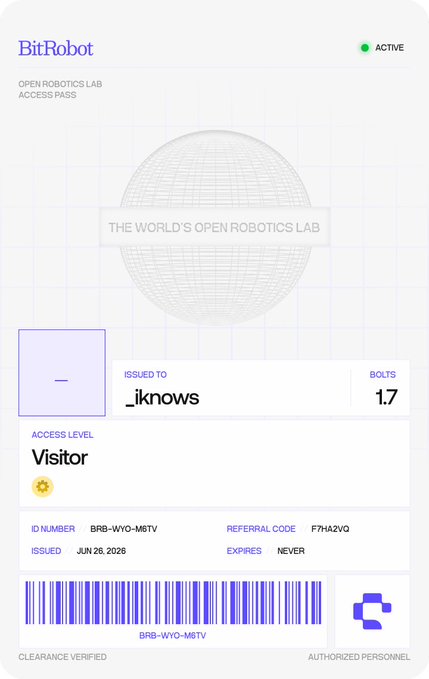 A digital access pass from BitRobot, the world's open robotics lab, issued to '_lknows' with Visitor access level and 1.7 BOLTS.
