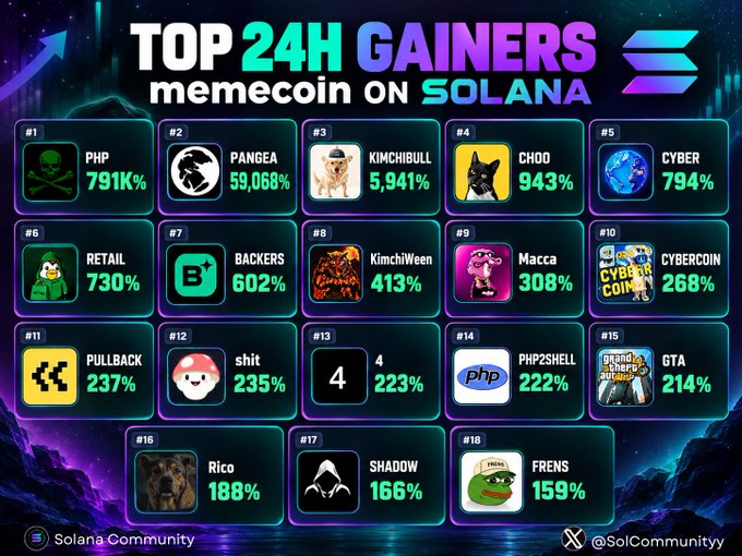 A neon Solana meme-coin chart titled “TOP 24H GAINERS memecoin ON SOLANA” lists tokens including PHP, PANGEA, KIMCHIBULL, CH00, CYBER, RETAIL, BACKERS, KimchiWeen, Macca, CYBERCOIN, PULLBACK, shit, PHP2SHELL, GTA, Rico, SHADOW, and FRENS, with branding “Solana Community” and “@SolCommunity.”