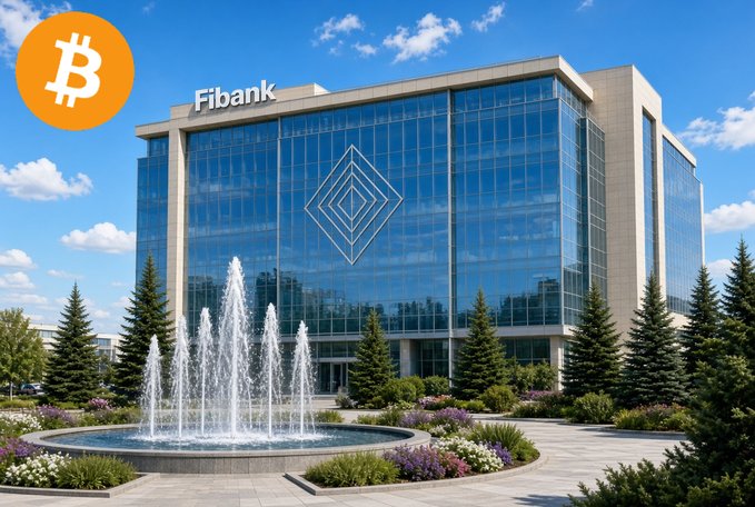The image shows Fibank (First Investment Bank of Bulgaria)'s modern glass headquarters featuring a decorative fountain and landscaped grounds, accompanied by an orange Bitcoin logo overlay—visually linking the bank to its new crypto asset services for its 1 million+ clients.