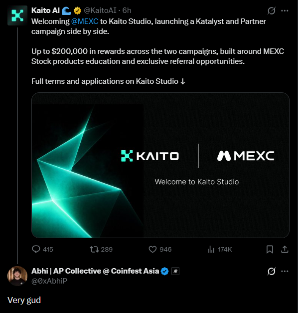 A tweet from Kaito AI (@KaitoAI) announcing 'Welcoming @MEXC to Kaito Studio, launching a Katalyst and Partner campaign side by side' with up to $200,000 in rewards, featuring logos for both Kaito and MEXC, with a reply from @0xAbhiIP saying 'Very gud'.