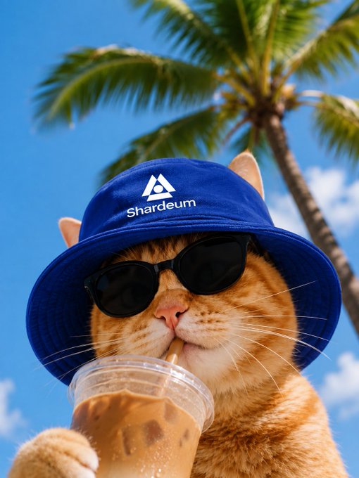 An orange tabby cat wearing dark sunglasses and a blue bucket hat emblazoned with the "Shardium" logo sips an iced coffee under swaying palm trees, channeling ultimate vacation vibes that perfectly match the blissful "Gmmmm" of a refreshing sip.