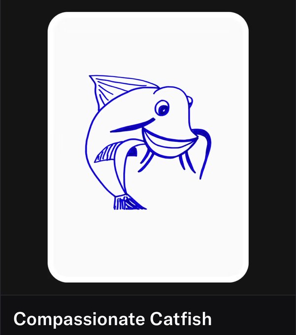 A minimalist blue line drawing of a smiling catfish on a white card with the text "Compassionate Catfish" below.