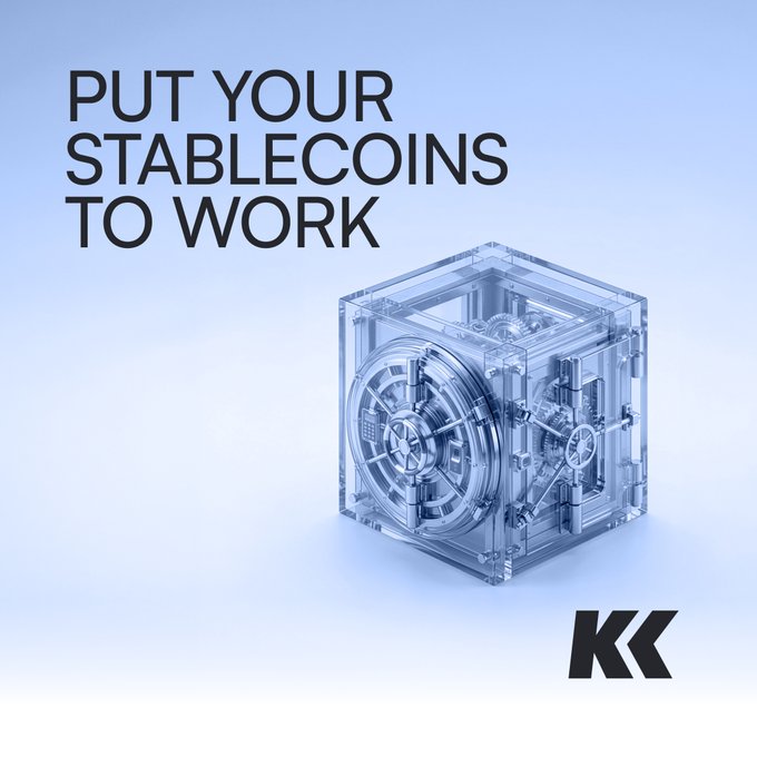A promotional graphic reading 'PUT YOUR STABLECOINS TO WORK' alongside a transparent 3D rendered safe, with 'KK' logo in the corner.