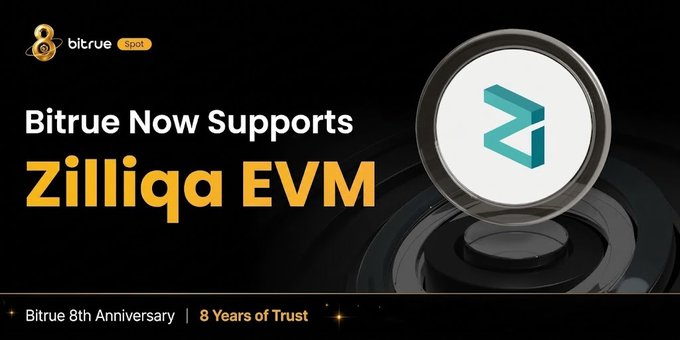A promotional banner from Bitrue Spot announcing support for Zilliqa EVM, featuring the Bitrue logo, the Zilliqa "Z" symbol on a circular display, and the text "Bitrue Now Supports Zilliqa EVM" alongside a footer highlighting "Bitrue 8th Anniversary | 8 Years of Trust." The banner visually reinforces the post's announcement that ZIL deposits, withdrawals, and spot trading are now open on Bitrue's Zilliqa EVM network.