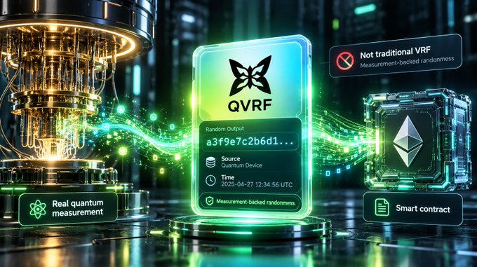 A futuristic tech graphic displaying 'QVRF' (Quantum Verifiable Random Function) with a random output hash, featuring icons for 'Real quantum measurement' and 'Smart contract' alongside Ethereum branding and text noting 'Not traditional VRF, Measurement-backed randomness.'