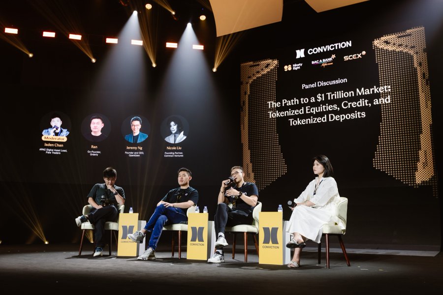 A panel discussion on stage titled 'The Path to a $1 Trillion Market: Tokenized Equities, Credit, and Tokenized Deposits' hosted by Conviction, featuring four speakers including Moderator Jaden Chan, Ran, Jeremy Ng, and Nicole Liu.