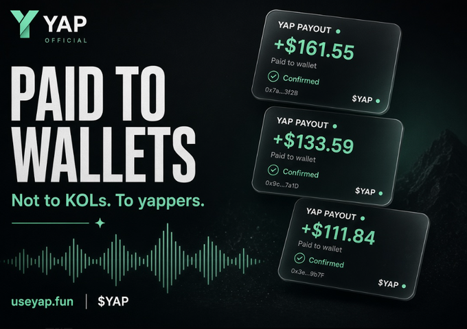 Promotional graphic for YAP Official reading 'PAID TO WALLETS - Not to KOLs. To yappers,' showing three confirmed payouts of +$161.55, +$133.59, and +$111.84.