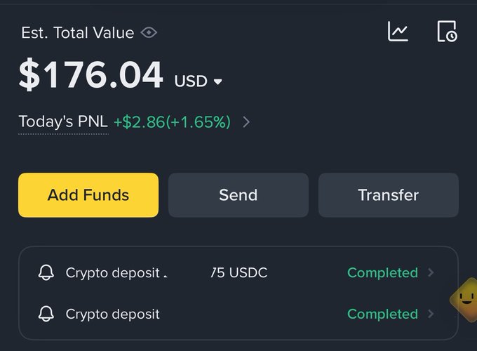 A Binance account dashboard shows an estimated total value of **$176.04 USD** with today's PNL of **+$2.86 (+1.65%)**, along with two completed crypto deposits of **75 USDC**—directly matching the user's stated current balance of $176 and their goal to grow it to $250 through jobs, predictions, or trading.