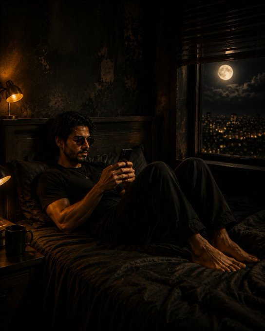 A man relaxes on his bed at night, bathed in the warm glow of a bedside lamp and the soft moonlight streaming through the window overlooking a cityscape, as he looks at his phone—capturing the quiet, reflective moment of winding down after a day of progress with @quipnetwork.