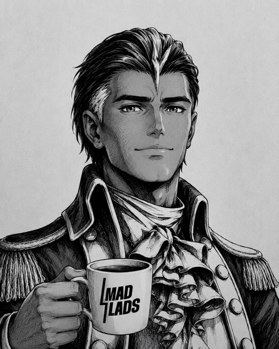 A black and white illustrated portrait of a young man in an ornate military-style coat with epaulettes, holding a mug that reads "MAD LADS".