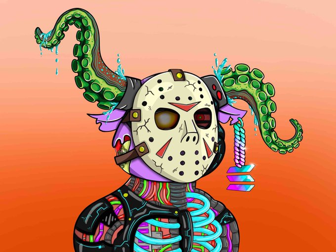Digital artwork of a character wearing a cracked hockey mask (Jason-style) with green tentacles growing from its head, set against a peach-to-orange gradient background.