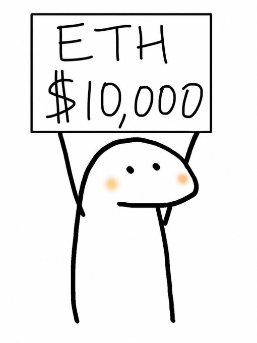 A simple, hand-drawn doodle shows a blushing stick figure with a neutral expression holding up a sign that reads "ETH $10,000." The image visually represents the post's bullish prediction that Ethereum will reach a $10,000 price target.