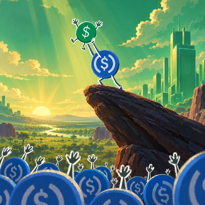 A blue USDC coin character triumphantly lifts a smaller green $ token above a cheering crowd of USDC coins on a rocky outcrop, with a stylized city skyline in the background. The image visually represents a cryptocurrency reaching a milestone as it rises above its peers, aligning with the post about $HAPPY climbing rapidly amid news of a connection to Arc and its origins as Circle's Happy Coin mascot.