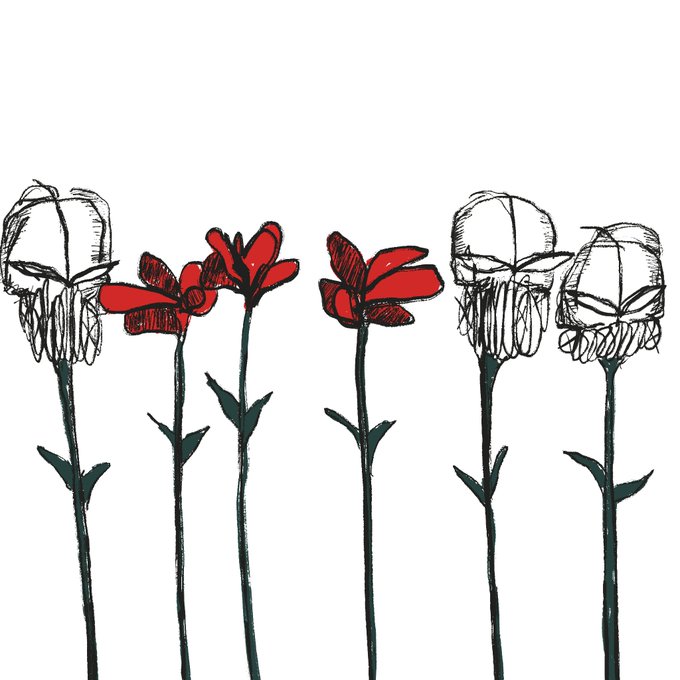 A simple black-and-white sketch with red accents depicts five flowers; two central red flowers face each other, surrounded by three flowers with skull-like faces.