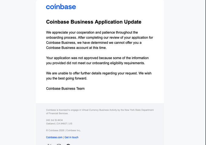A rejection email from Coinbase Business informing the recipient that their application was not approved due to not meeting onboarding eligibility requirements, despite the poster noting they already have accounts with Mercury and Stripe and consider their business low-risk.