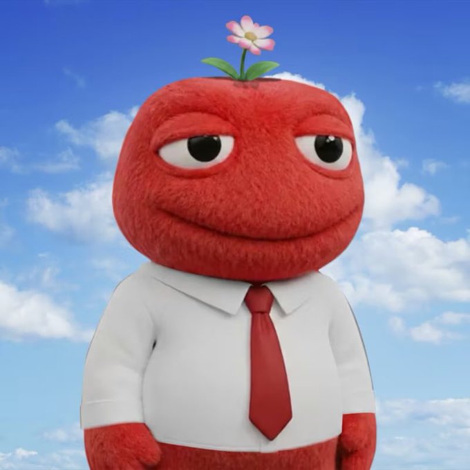 The image shows a red, fuzzy toad-like character with a flower growing from its head, wearing a white dress shirt and red tie, set against a blue sky—this visually represents the "Robintoadlets" NFT collection mentioned in the post, embodying the "Red, Sharp suit, Big dreams" tagline with an OpenSea link for the free mint.