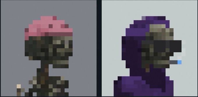 Two side-by-side pixel art portraits showing zombie-like figures wearing hoods—one in pink and the other in purple—each smoking a cigarette.