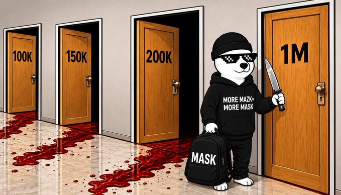 A cartoon bear wearing sunglasses and a "More MAZK = More Mask" shirt holds a knife and a bag labeled "MASK" while standing before doors marked 100K, 150K, 200K, and 1M, with blood splattered across the floor—visually reinforcing the post's threatening warning that $MAZK is closing in on bears at progressively higher price targets.
