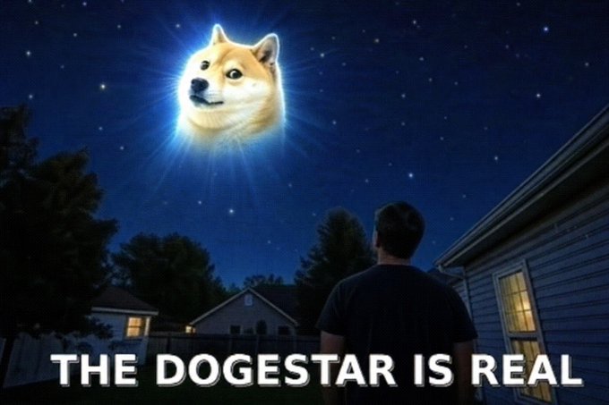 A man stands in a suburban backyard at night, gazing up in awe at a glowing Doge (Shiba Inu) head in the starry sky. The bold text at the bottom reads "THE DOGESTAR IS REAL," tying into the post's announcement of a real registered star for the top dog on the Robinhood chain and promoting the $SIRIUS ticker.