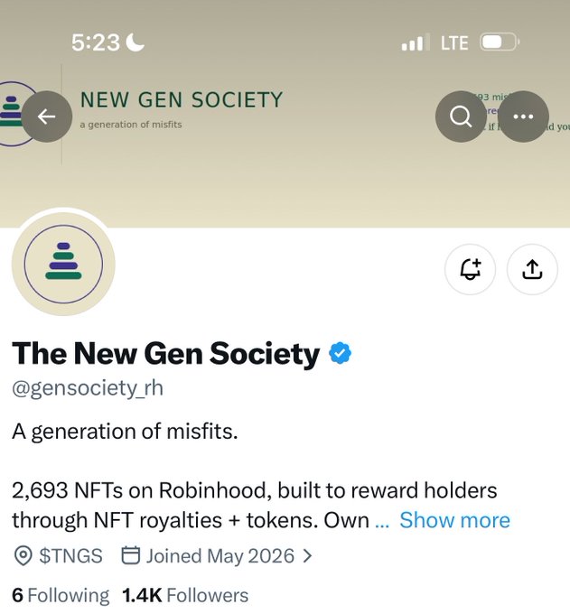A screenshot of "The New Gen Society" (@gensoicety_rh) Twitter/X profile showing a verified account with 1.4K followers and 6 following, displaying its beige header and pyramid logo, which aligns with the post's highlights of the project's 2,693 NFT supply launching on Robinhood, OpenSea MP integration, and $TNGS token rewards for holders.