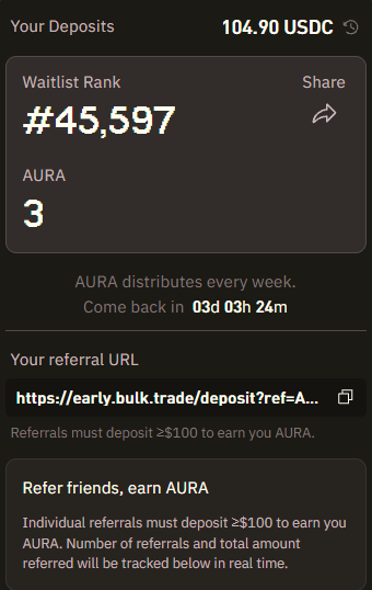 The image shows a page of a cellphone with a summary of what has happened while an account was opened. The owner deposited 100 USDC for the @bulktrade.aura account, which was opened at 03/02/23. However, the funds were not yet deposited in this account; they have to be transferred into another account before they can be fully deposited on the main account. In the process of doing so, the owner is receiving an automatic bonus of $105.