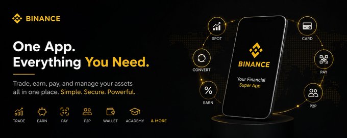A Binance promotional banner displays "One App. Everything You Need." alongside the tagline "Trade, earn, pay, and manage your assets all in one place. Simple. Secure. Powerful," featuring a smartphone illustration surrounded by icons for Spot, Card, Convert, Pay, Earn, and P2P services. The image reinforces the post's theme of consolidating multiple finance functions into a single "Super App" rather than juggling several specialized apps.