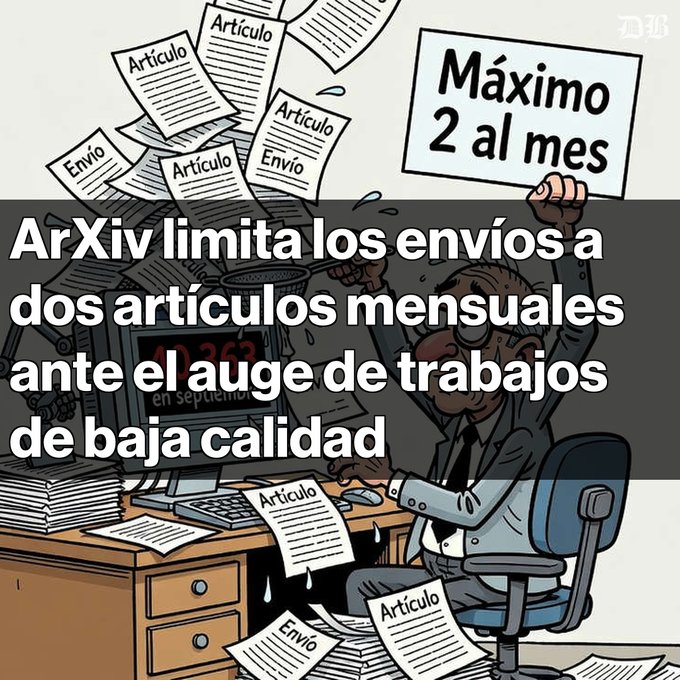 A Spanish-language meme featuring a stressed cartoon man at a computer being buried in papers labeled 'Artículo' and 'Envío', with a sign reading 'Máximo 2 al mes' and overlaid text stating 'ArXiv limita los envíos a dos artículos mensuales ante el auge de trabajos de baja calidad'.