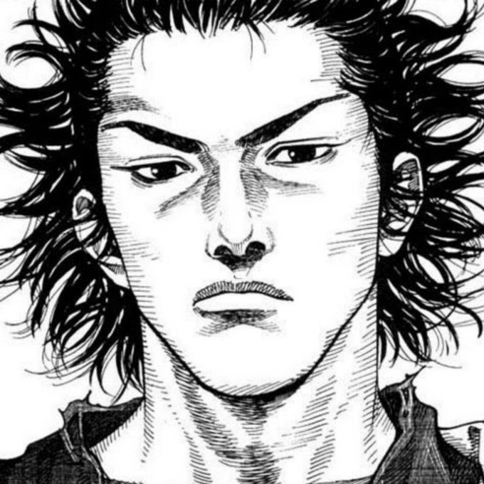 A black and white manga-style illustration of a man with intense eyes and wild, messy dark hair.