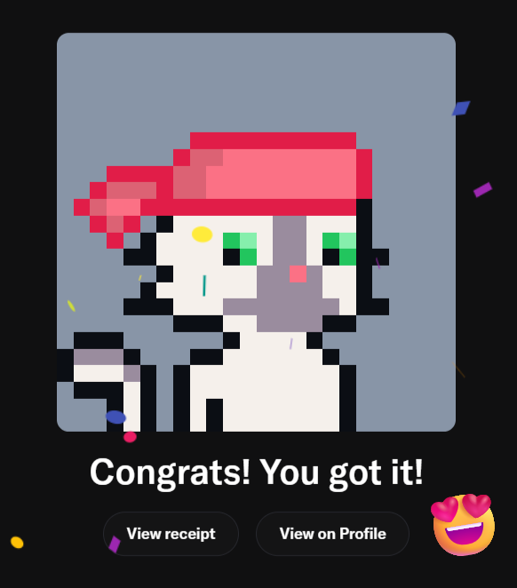 A pixel art illustration of a white character with green eyes wearing a red hat appears on a digital receipt notification with the text 'Congrats! You got it!'