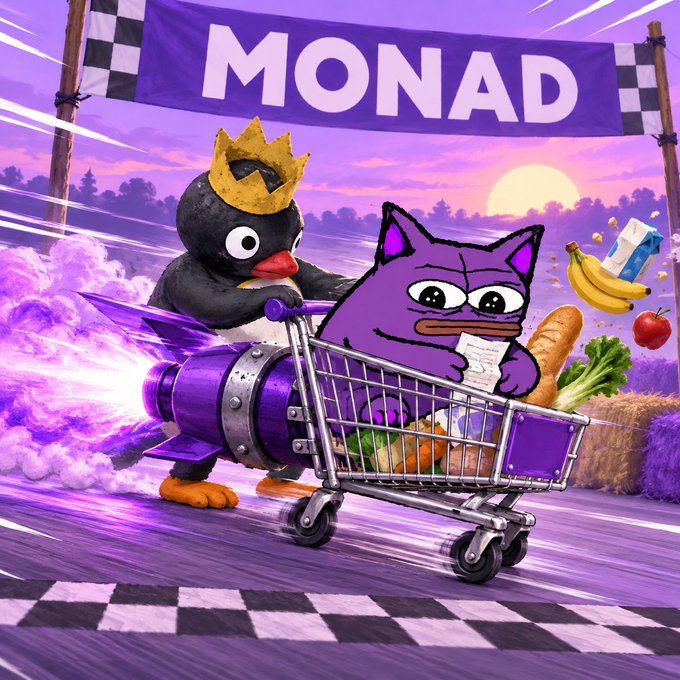 A cartoon illustration features a crowned penguin and a purple cat racing in a shopping cart filled with groceries under a "MONAD" banner at sunset.