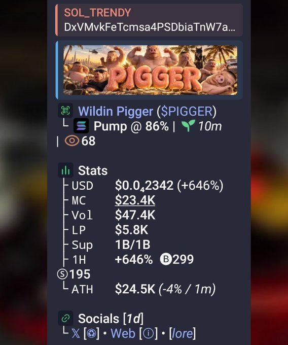 A cryptocurrency tracking screen showing 'SOL_TRENDY' and 'Wildin Pigger ($PIGGER)' with stats including a 646% increase, an $0.02342 USD price, and $23.4K market cap.