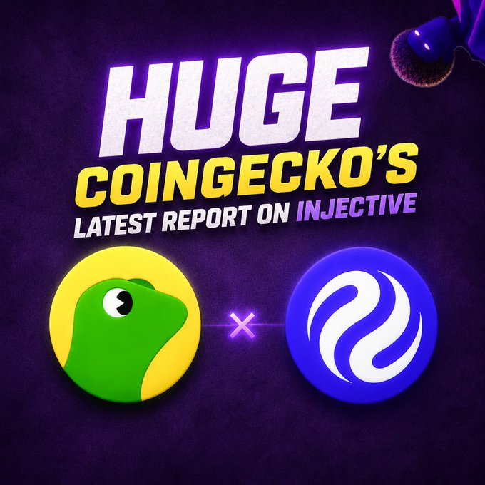A graphic announcement reads 'HUGE COINGECKO'S LATEST REPORT ON INJECTIVE' featuring the Coingecko and Injective logos with a dice icon.