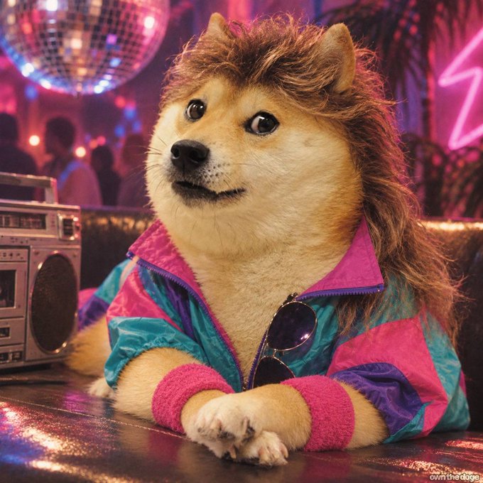 An AI-generated image of a Shiba Inu dog (Doge meme) wearing a colorful 80s-style windbreaker jacket with sunglasses tucked into the collar, sitting at a table in a disco setting with a boombox and disco ball.