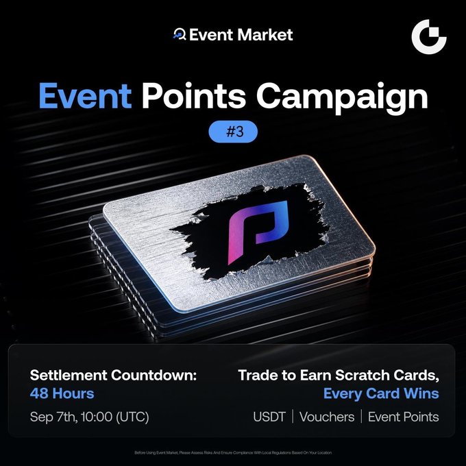 A promotional banner for the "Event Points Campaign #3" by Event Market features metallic scratch cards with the platform's logo, highlighting a 48-hour settlement countdown ending September 7th at 10:00 UTC and reminding users that trading on Event Markets to earn scratch cards yields a guaranteed win in USDT, Vouchers, or Event Points.