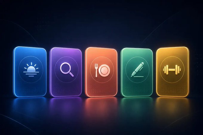 The image features five different colored squares, each representing a different skill or activity that one can do during their day off. The squares are arranged in a row with the first square being purple, followed by orange, green, blue, and yellow. Each square contains an icon related to the respective activity, such as a magnifying glass for reading, a plate for eating, a pencil for writing or drawing, a dumbbell for exercising, and a scale for weighing oneself. The image is accompanied by a caption that reads: "5 skills para probar esta semana en asi1.ai de @Fetch_ai para @ASI_Alliance testeadas por la comunidad. Leé cómo configurarlas en el nuevo blog: asi1.ai/blog/five-skil".