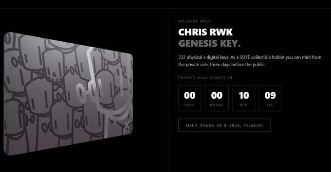 A countdown timer showing 00 days, 00 hours, 10 minutes, and 09 seconds until the "CHRIS RWK GENESIS KEY" mint opens on 29-8-2026 at 18:00:00, advertising 333 physical and digital collectible keys available to SLAVE holders before public sale. The image illustrates the post's announcement that the Genesis Key mint is moments away from going live.