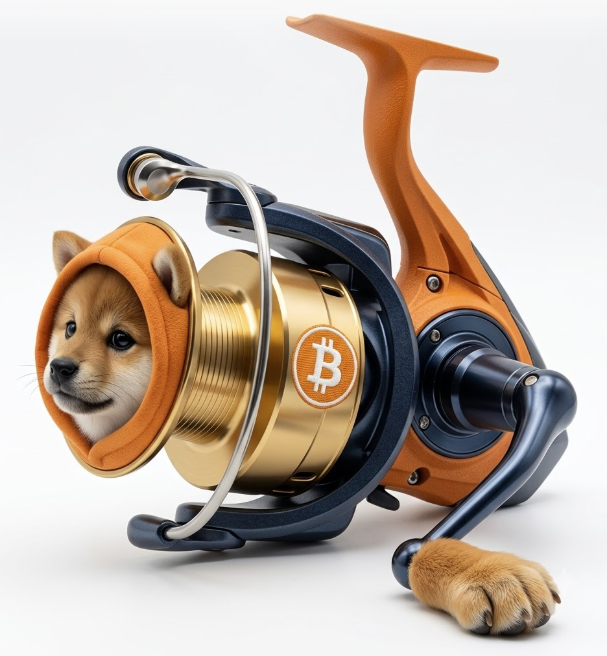 A creative composition featuring a Shiba Inu puppy's face inside a fishing reel spool, with a Bitcoin logo on a golden spool and a paw extending from the reel handle.