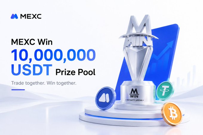 A promotional banner for MEXC cryptocurrency exchange advertising a 'MEXC Win' event with a 10,000,000 USDT prize pool, featuring a silver trophy and cryptocurrency coin icons.
