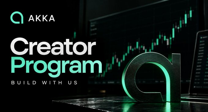 A promotional graphic for the 'AKKA Creator Program - BUILD WITH US' featuring a green neon 'a' logo in front of stock market charts on a monitor.